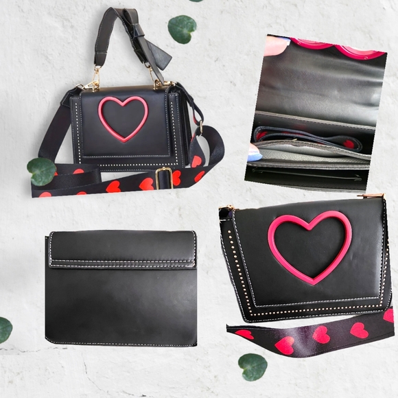 Women's Black and Red Heart-Shaped Design Crossbody Shoulder Bag - Picture 13 of 15